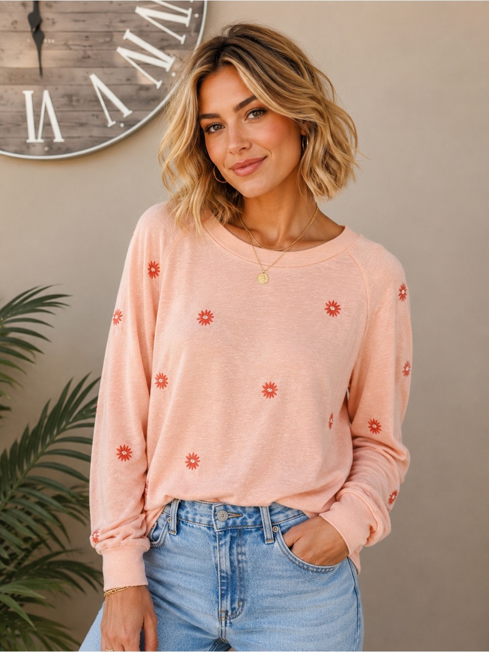 NWT Workshop Republic Clothing Light Pink Daisy-Embroidered Long Sleeve Top